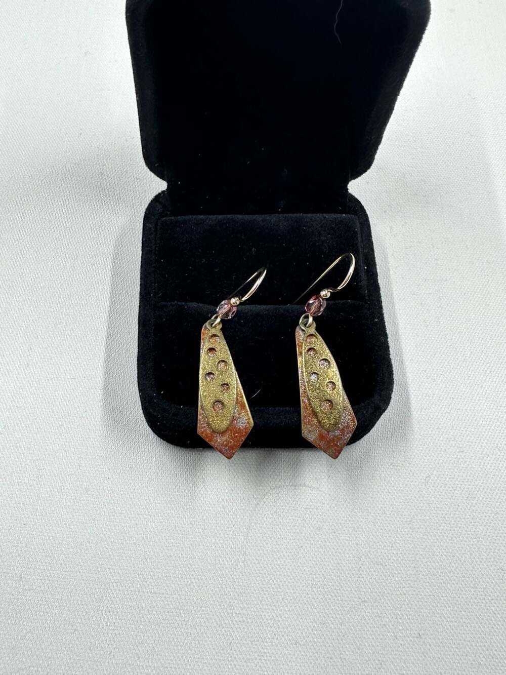 Artisan Brass Boho Dangle Earrings Layered Design with Pink Czech Glass